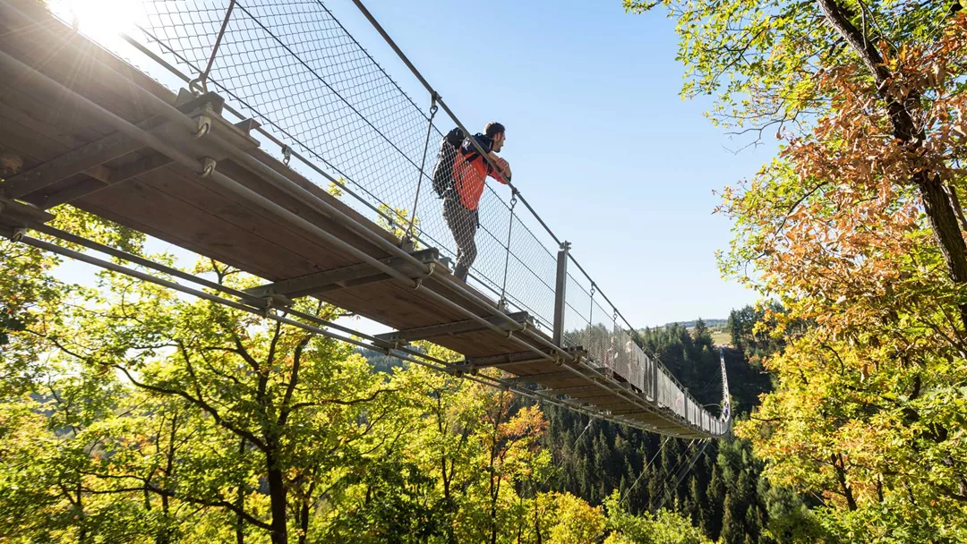 Wandelaar op hängeseilbrücke Geierlay in Mörsdorf Wandelaar op hängeseilbrücke Geierlay in Mörsdorf