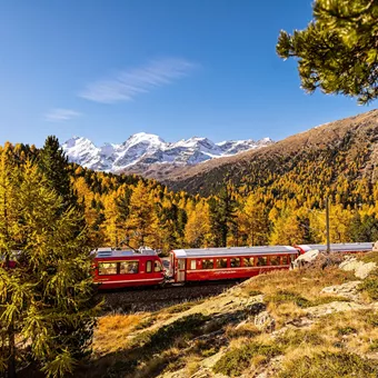 Bernina Express onderweg in herfstlandschap met besneeuwde berg panorama Bernina Express onderweg in herfstlandschap met besneeuwde berg panorama